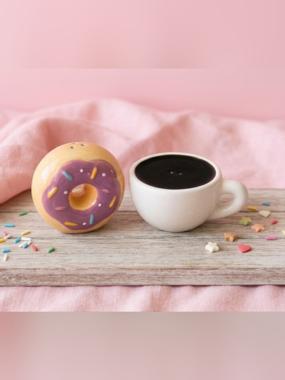 Cute Ceramic Coffee Cup & Frosted Sprinkle Donut Salt & Pepper Shaker Set